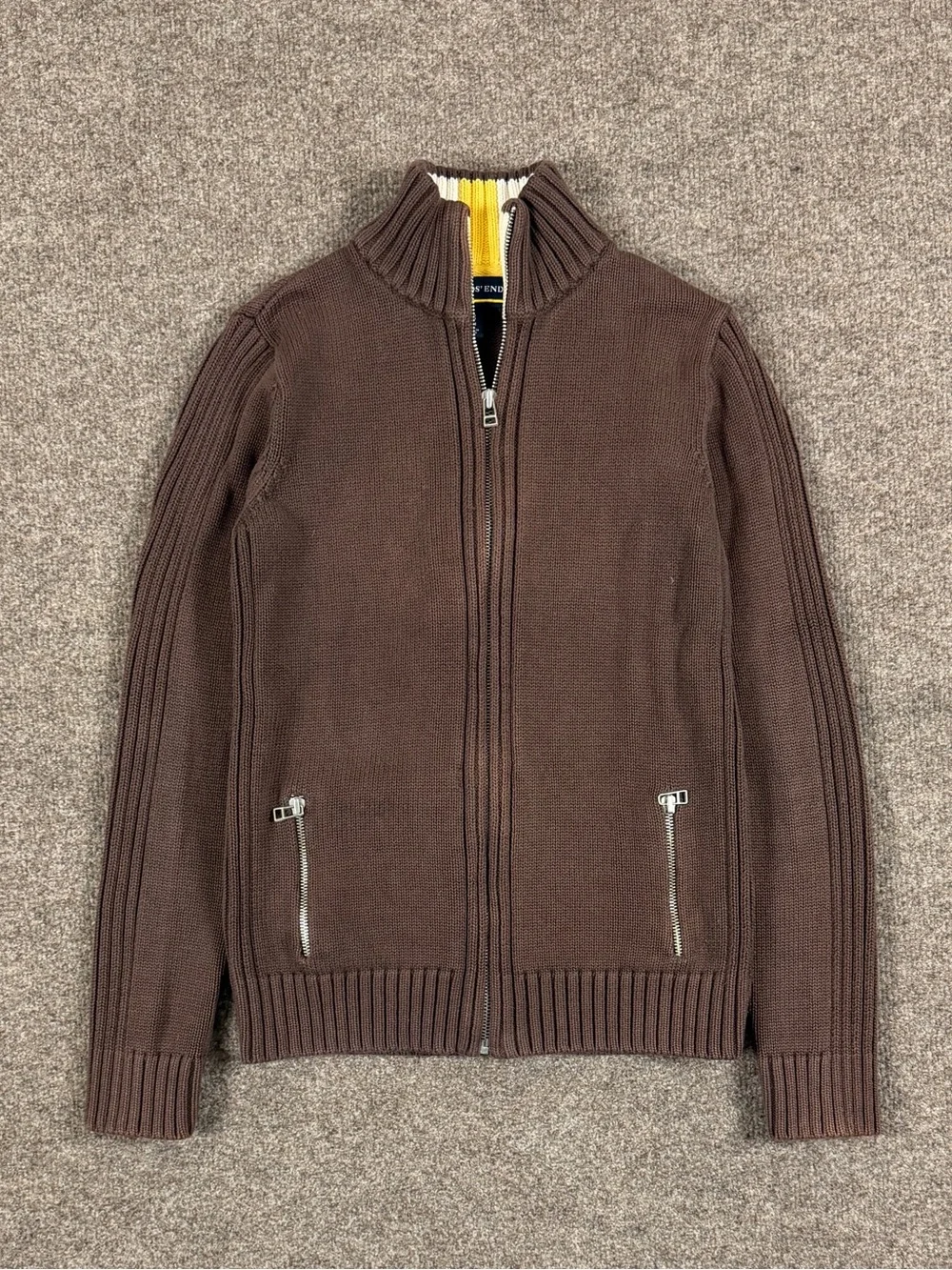 Lands End Brown High Neck Full Zip Ribbed Cardigan Sweater Women’s XS Cotton Y2K